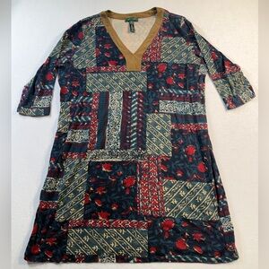 Lauren Ralph Lauren Patchwork Cotton Knit Dress with Faux Suede Collar, Size 3x